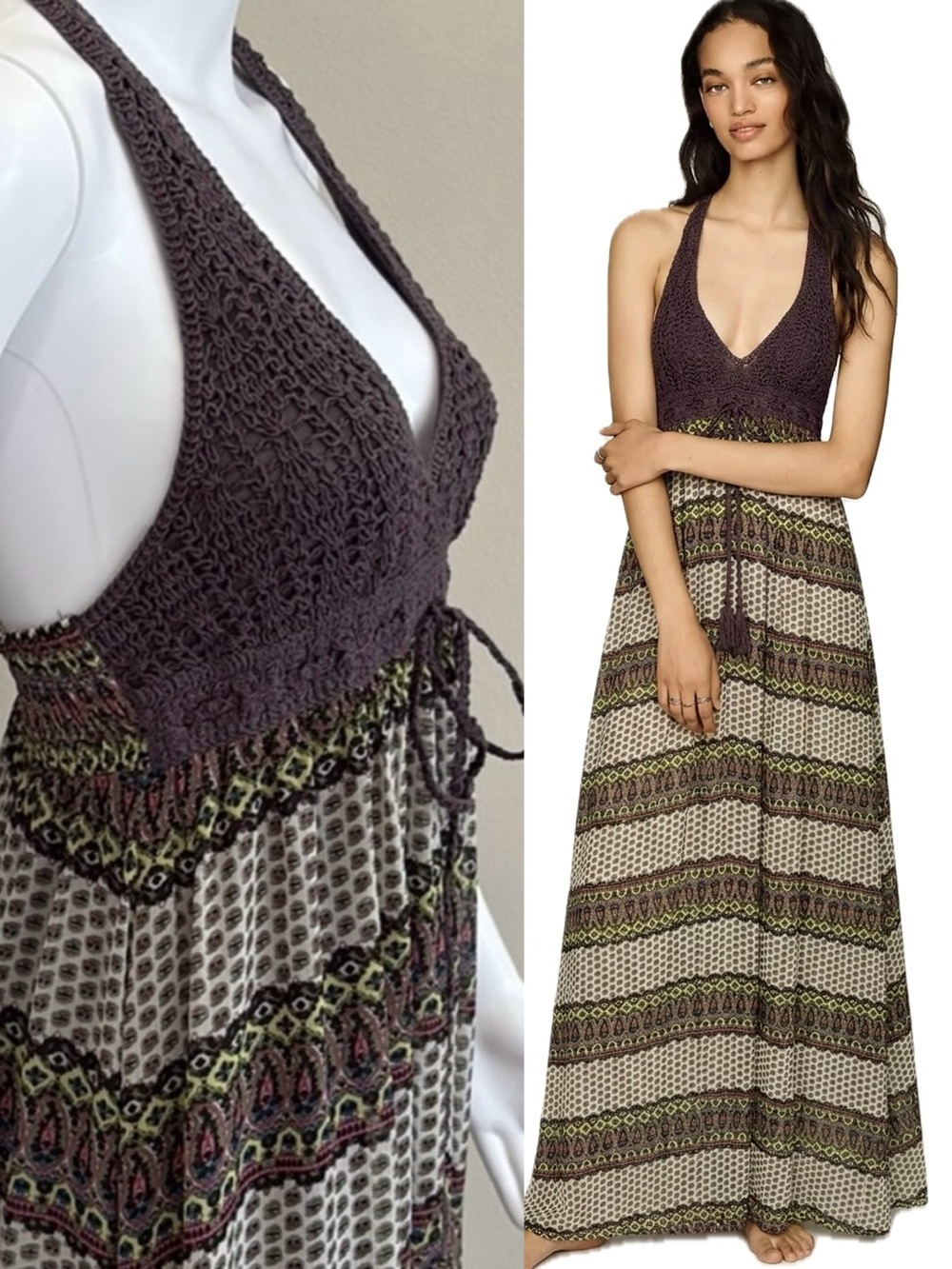 Cecico Crochet Knit Halter Maxi Sundress Size Small Paisley Aztec Babydoll Dress